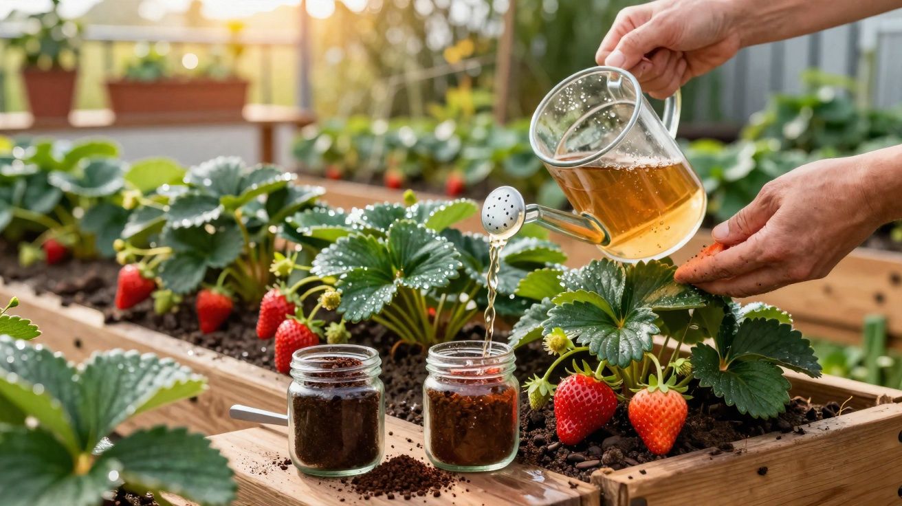 Vaso a regar plantas de morango numa horta urbana com regador transparente e frascos de terra.