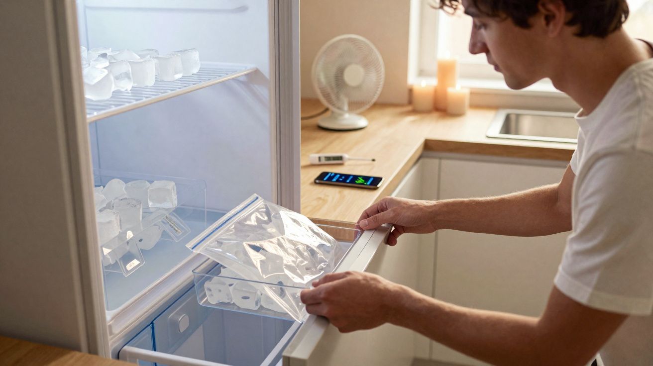 Homem coloca sacos de plástico com gelo no congelador aberto numa cozinha iluminada.