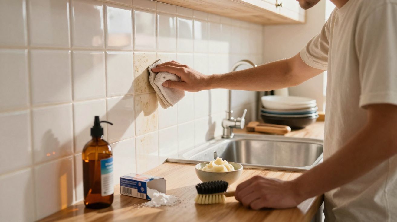 Pessoa a limpar manchas numa parede de azulejos da cozinha com um pano branco, perto de pia e utensílios.