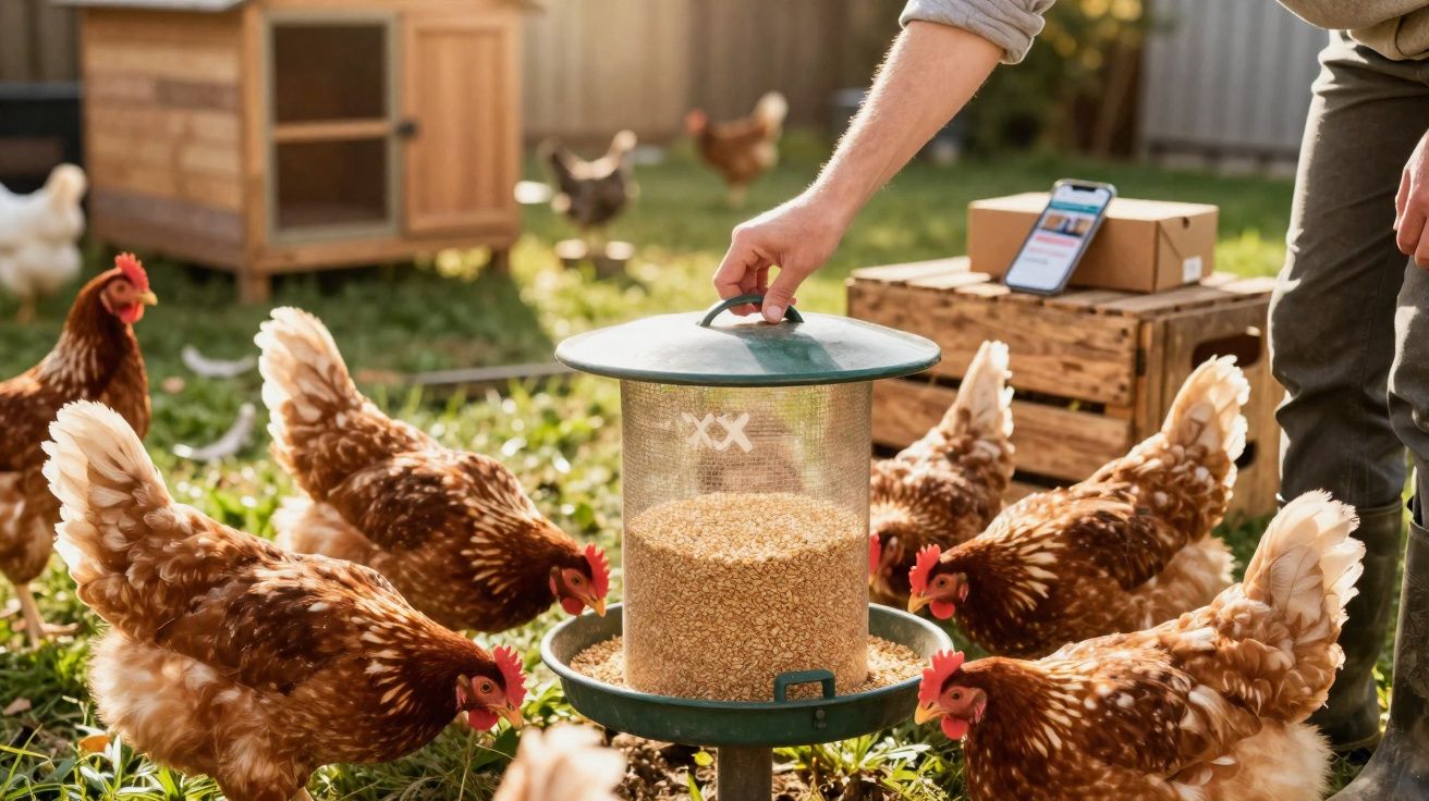 Mãos de uma pessoa a colocar tampa num comedouro cheio de milho com galinhas castanhas a comer à volta.