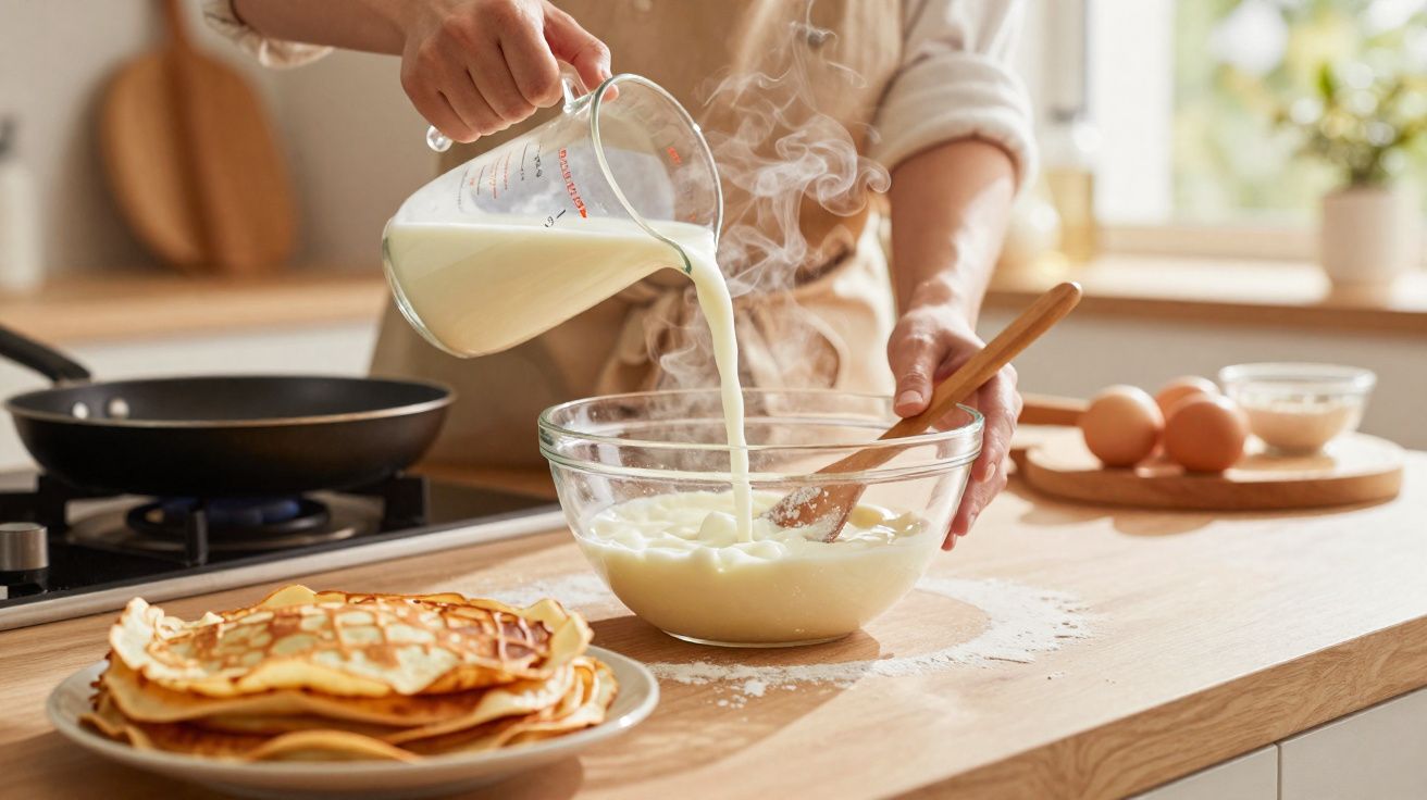 Pessoa a verter leite quente numa taça enquanto mistura com colher de pau, perto de uma pilha de panquecas.