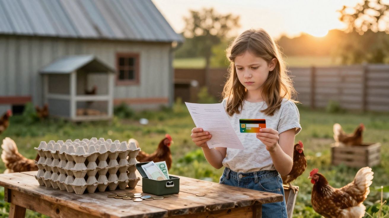 Menina numa quinta a contar dinheiro e segurar cartão, com galinhas e tabuleiro de ovos na mesa de madeira.