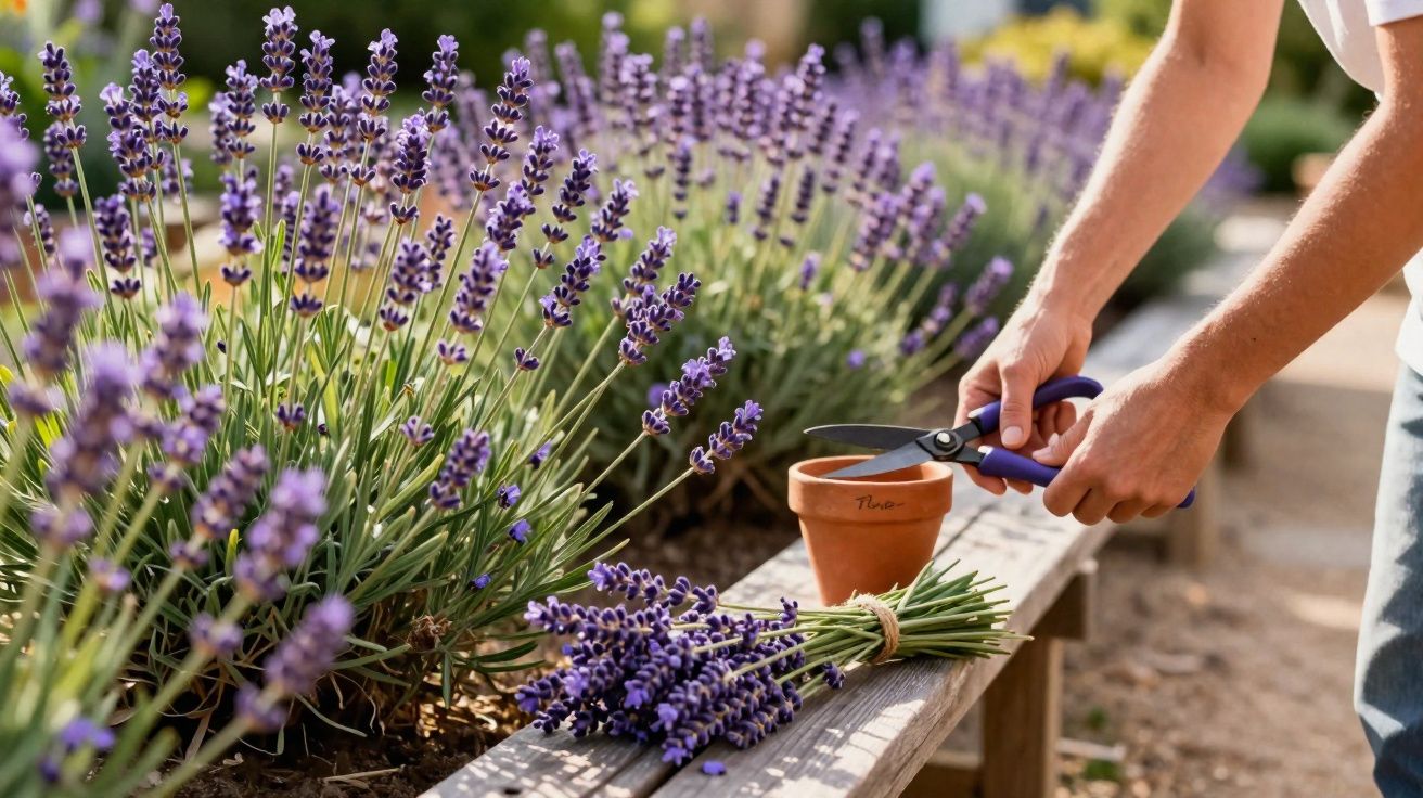Pessoa a cortar flores de lavanda num jardim, com um molho de flores sobre um banco de madeira.