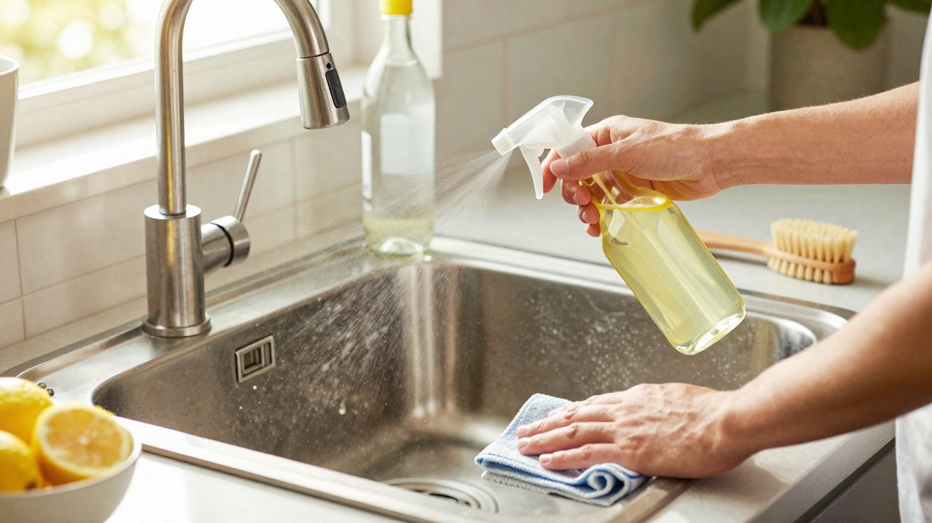 Pessoa a limpar uma pia de cozinha em aço inoxidável com spray e pano azul junto a uma janela iluminada.