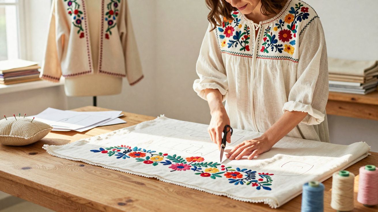 Mulher a cortar tecido branco com padrão floral colorido numa mesa de madeira.