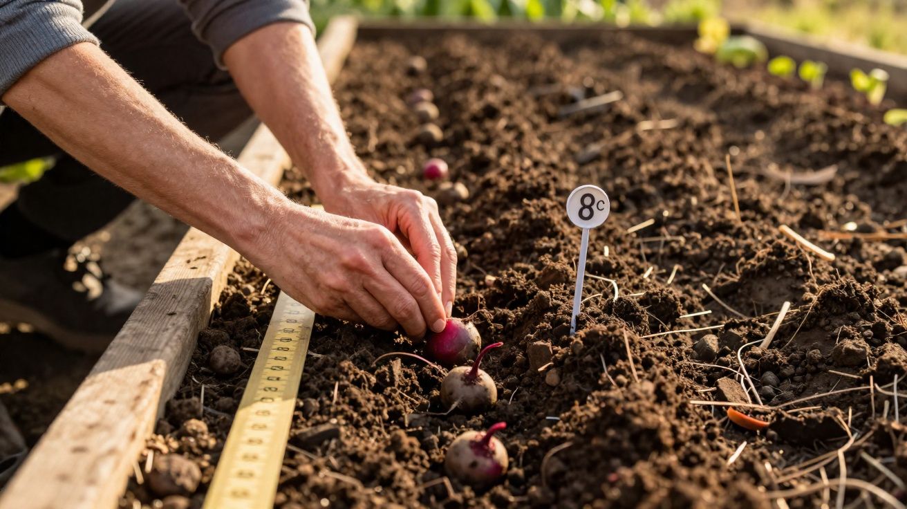 Mãos a plantar ou colher pequenos rabanetes em canteiro de terra com marcador e régua ao lado.
