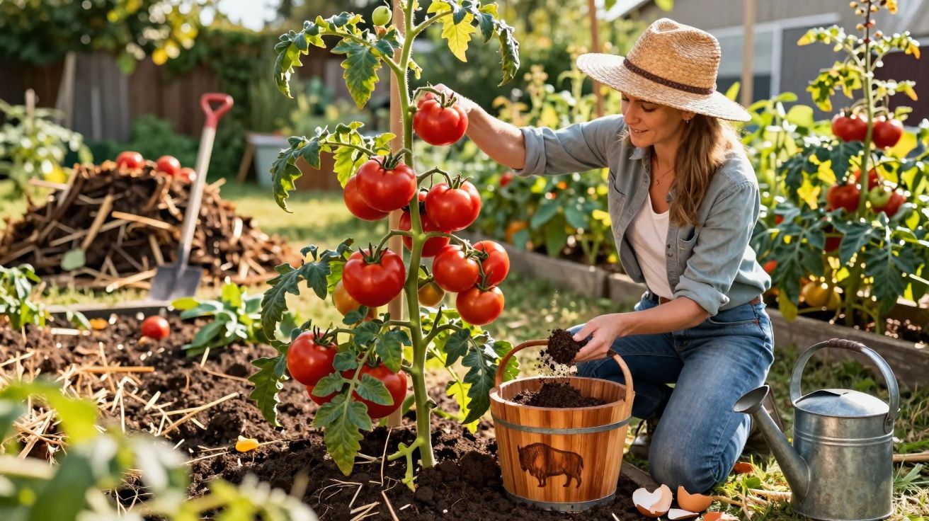 Mulher com chapéu a cuidar de tomateiras num jardim, com regador e balde de madeira ao lado.
