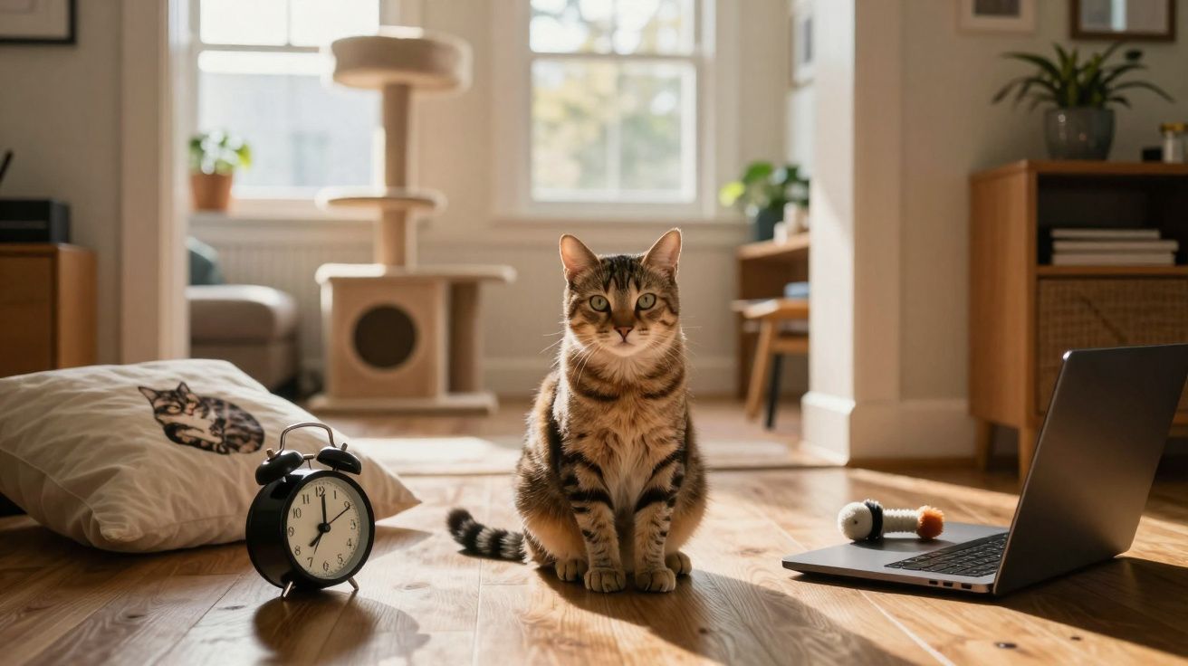 Gato tricolor sentado no chão de madeira de uma sala iluminada, ao lado de um despertador e um computador portátil.