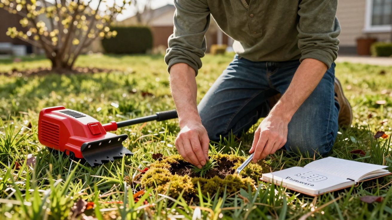 Pessoa a plantar pequenas plantas numa coroa de flores no relvado, com caderno aberto e ferramenta de jardinagem.