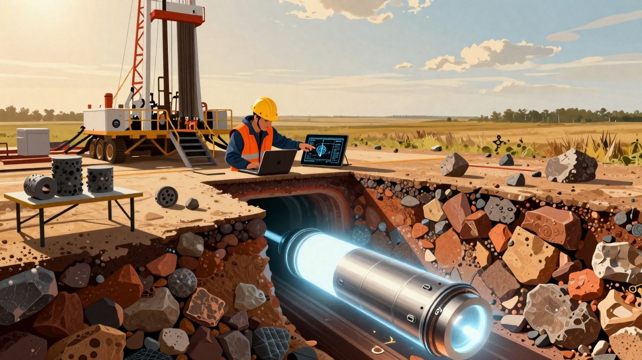Engenheiro com capacete e colete analisa dados em computador junto a sonda subterrânea tecnológica em campo aberto.