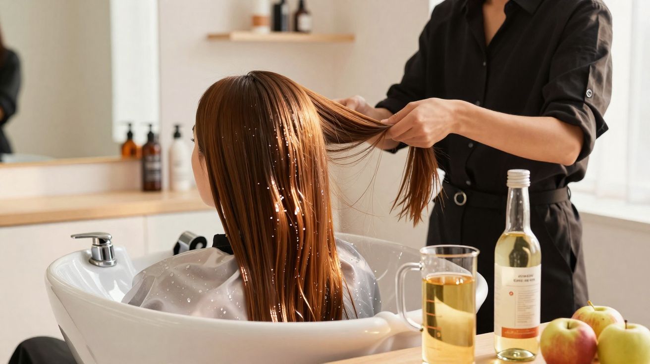 Pessoa a lavar cabelo liso castanho num lavatório de cabeleireiro com garrafa e chá na mesa ao lado.