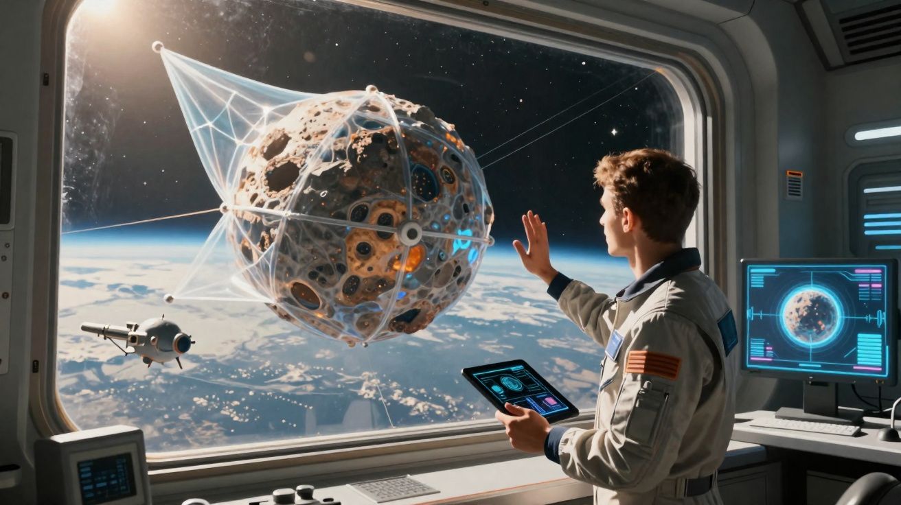 Astronauta observa asteroide com rede protetora a flutuar no espaço, dentro de nave espacial.