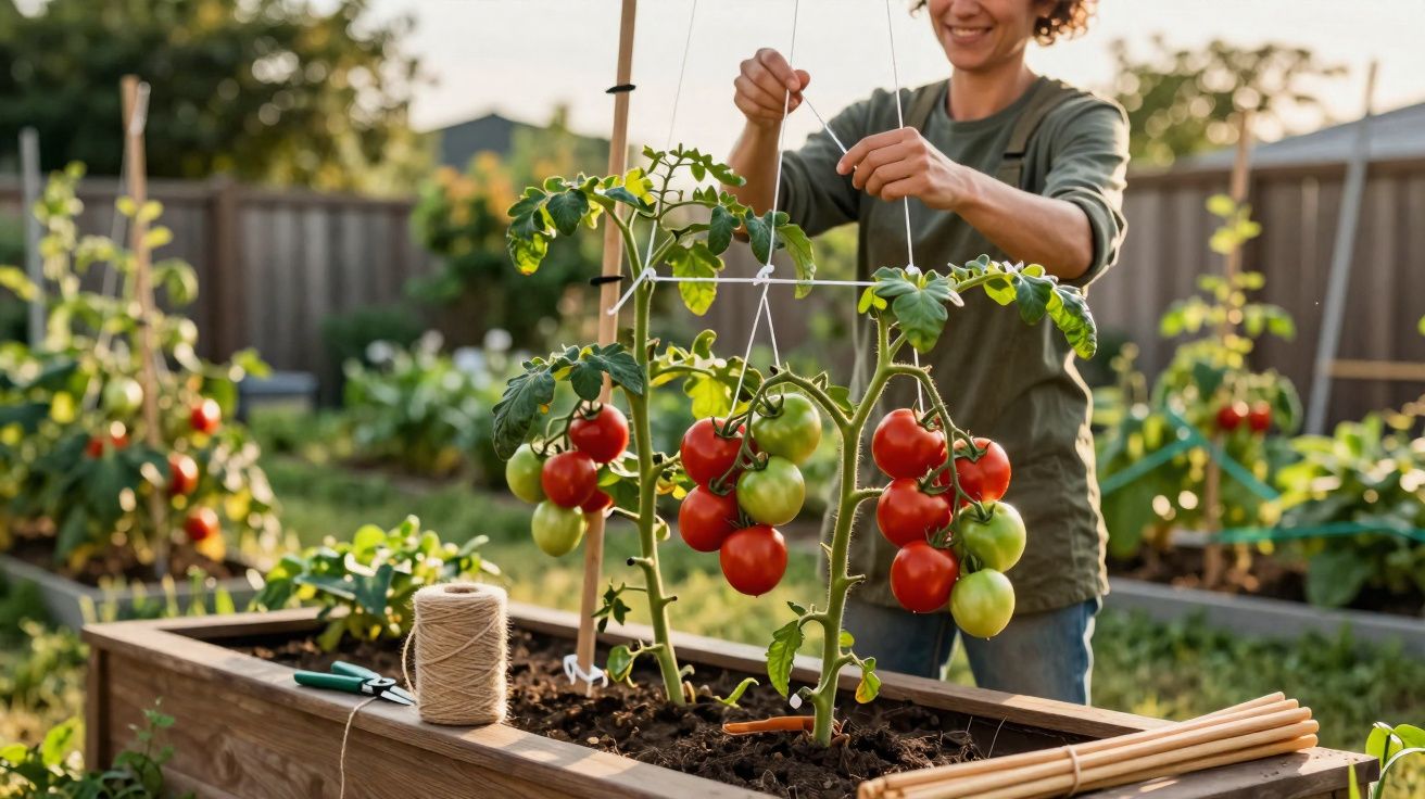 Pessoa a cuidar de tomates vermelhos e verdes numa horta elevada ao ar livre ao pôr do sol.