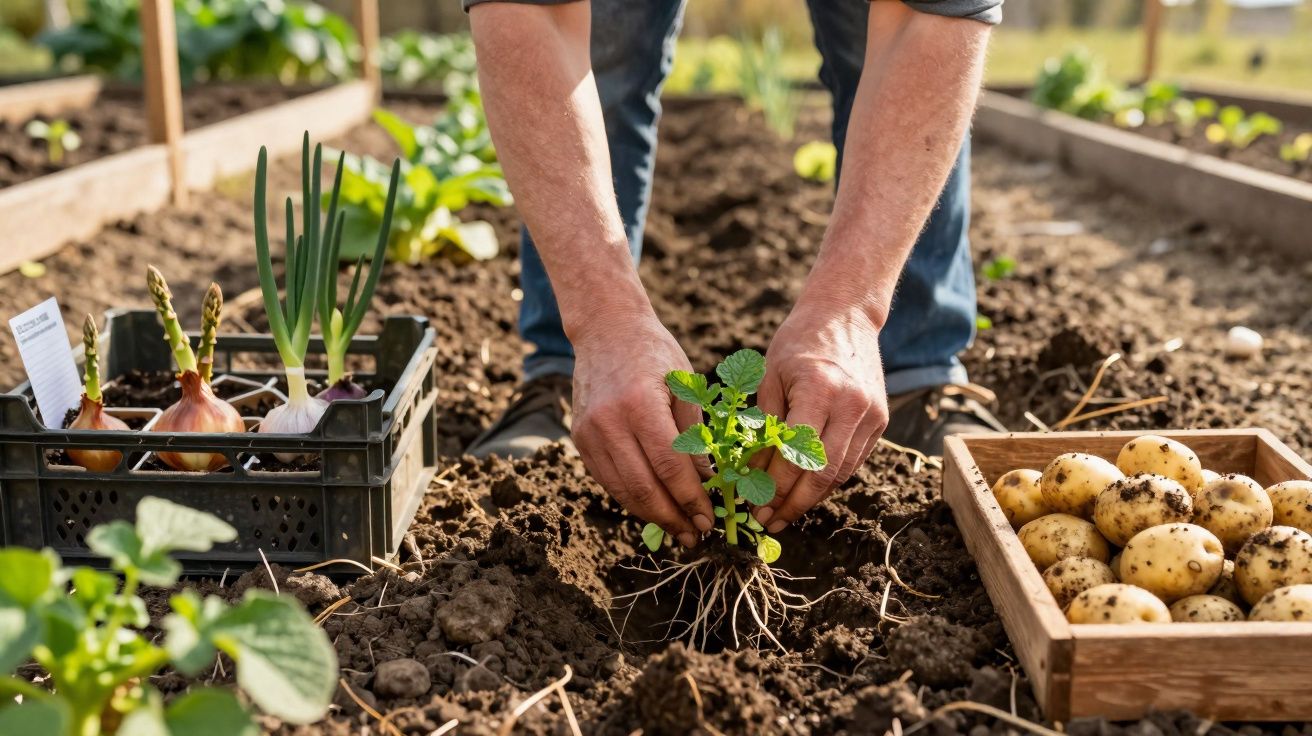 Pessoa a plantar uma muda de batata num terreno de cultivo ao ar livre.