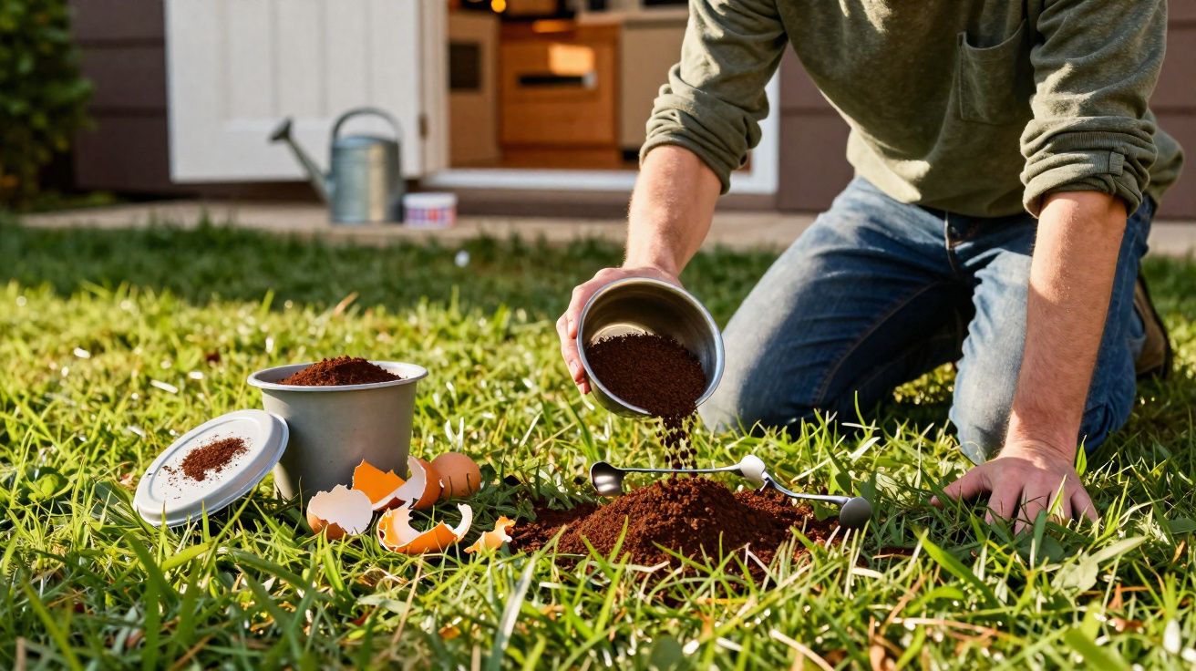 Pessoa verte borra de café no relvado ao lado de cascas de ovos para adubar plantas.