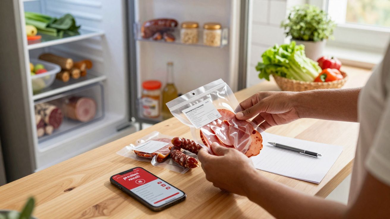 Pessoa a segurar fiambre embalado, com smartphone e frios numa mesa junto a frigorífico aberto.