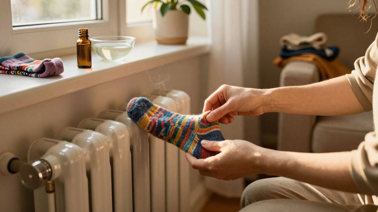 Mãos a aquecer uma meia colorida num radiador branco junto a uma janela com frascos e meias no parapeito.