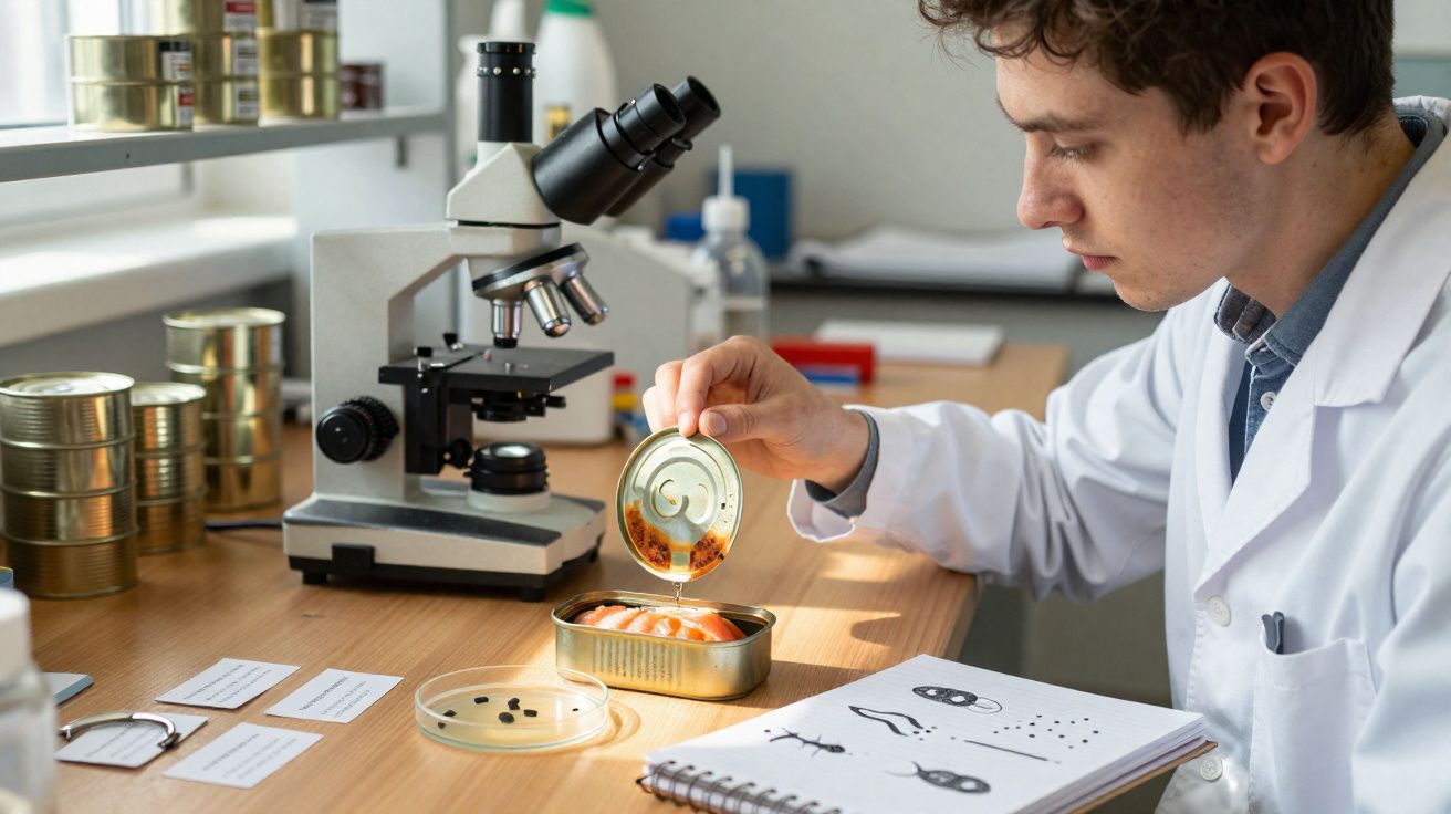 Jovem cientista a analisar amostra de peixe enlatado com microscópio e desenhos biológicos numa mesa.