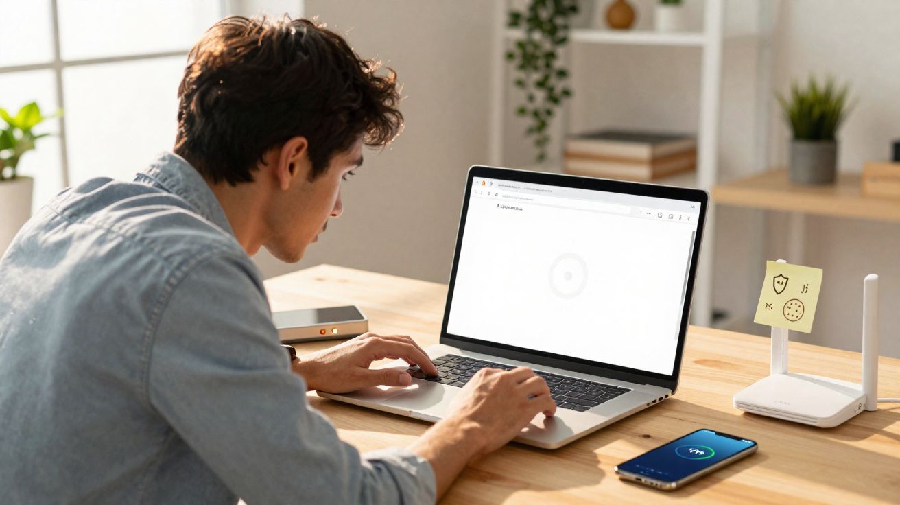 Homem sentado numa mesa a usar um computador portátil, com smartphone e router à frente num ambiente de escritório.