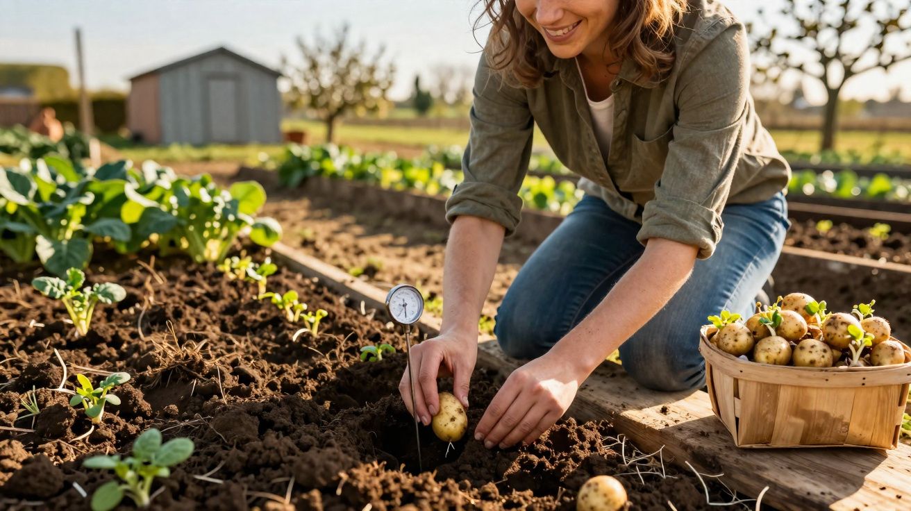 Mulher a colher batatas num campo agrícola com cesta cheia e medidor de humidade no solo.