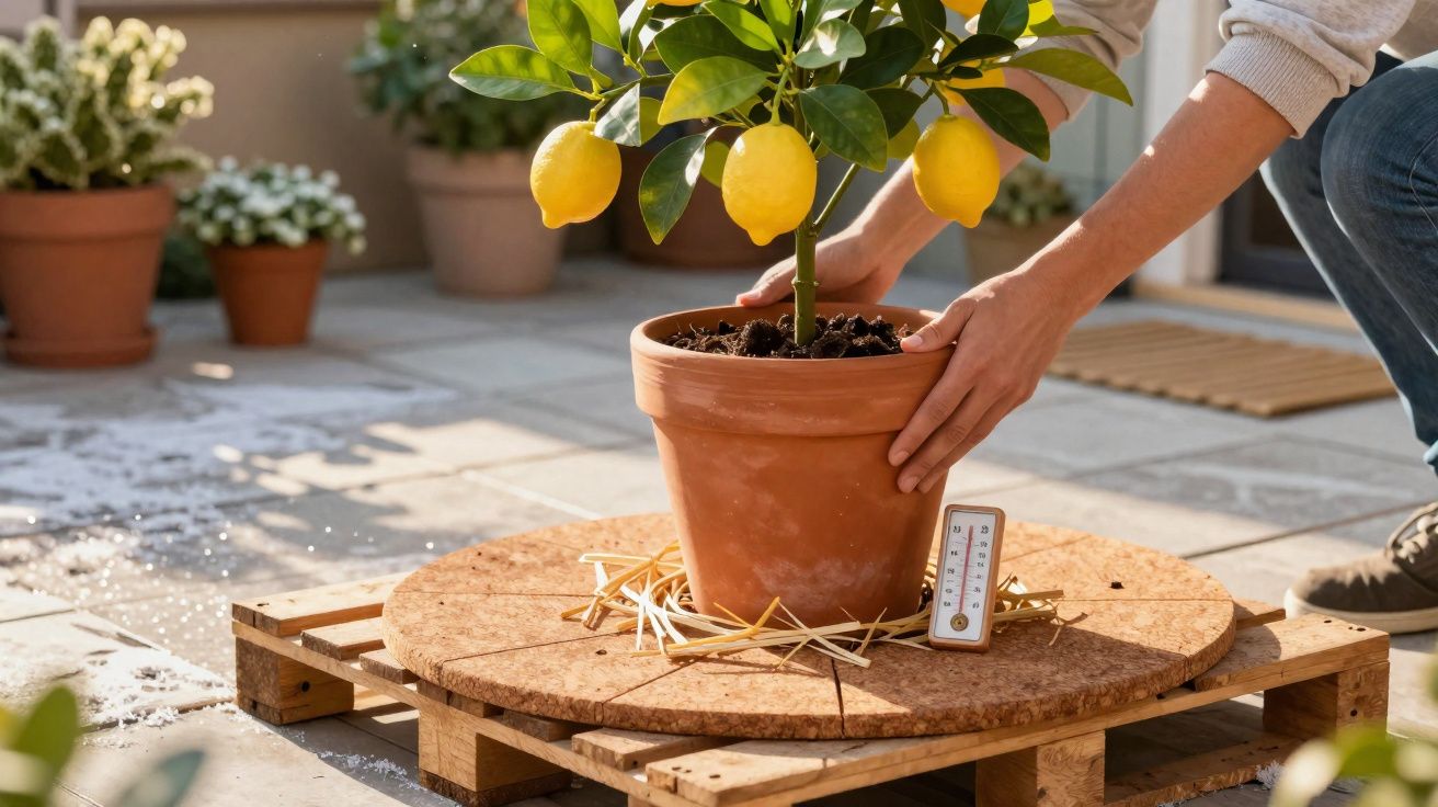 Pessoa a ajustar vaso com limoeiro em pallet, com termómetro e várias plantas ao fundo, num pátio soalheiro.