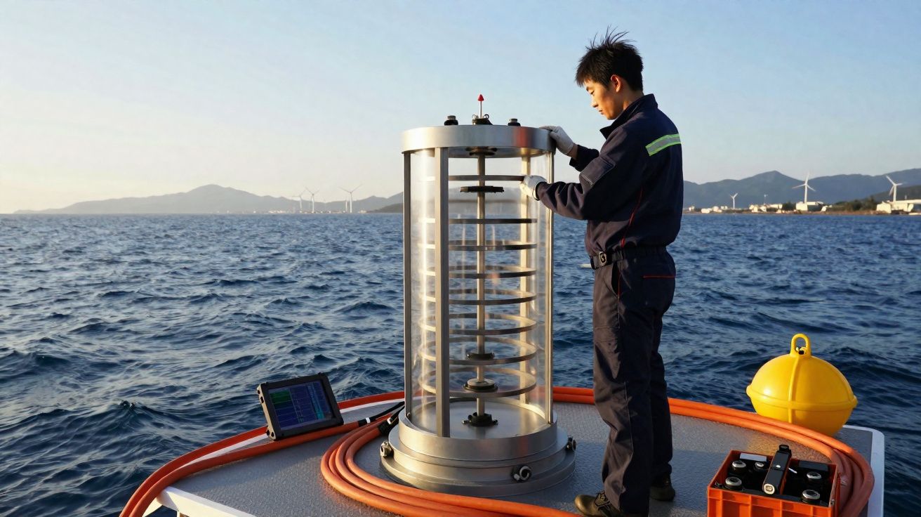Pessoa a trabalhar num equipamento científico numa plataforma no mar ao pôr do sol, com montanhas e turbinas eólicas ao fundo