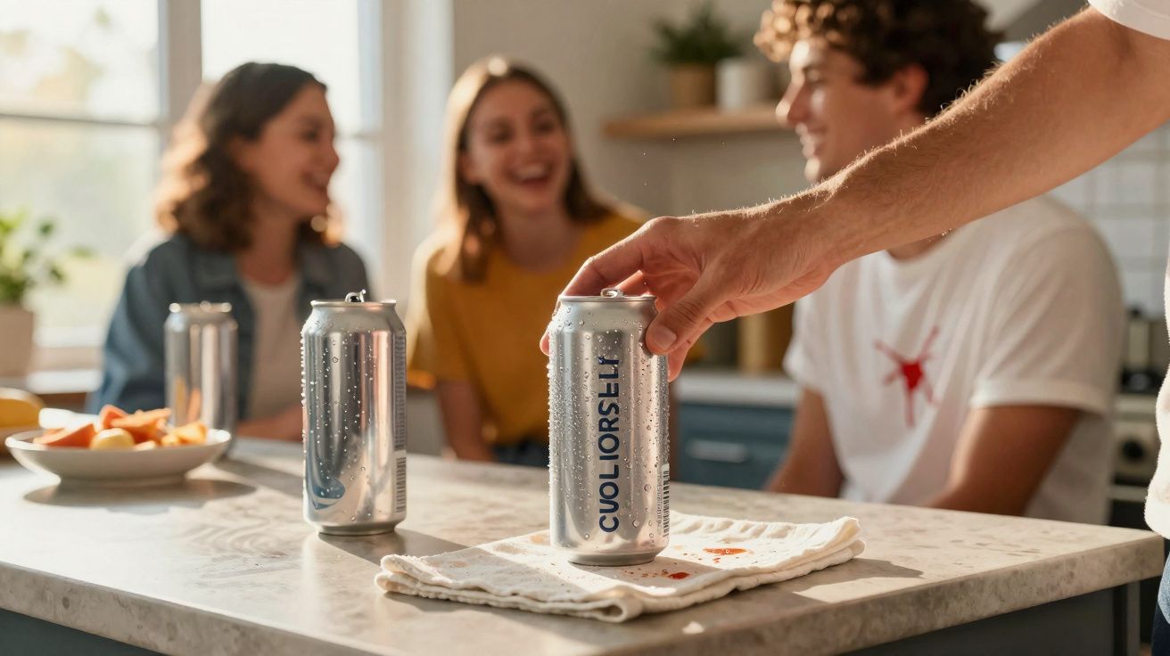 Pessoa a colocar uma lata de bebida numa bancada da cozinha com três amigos ao fundo a conversar e sorrir.