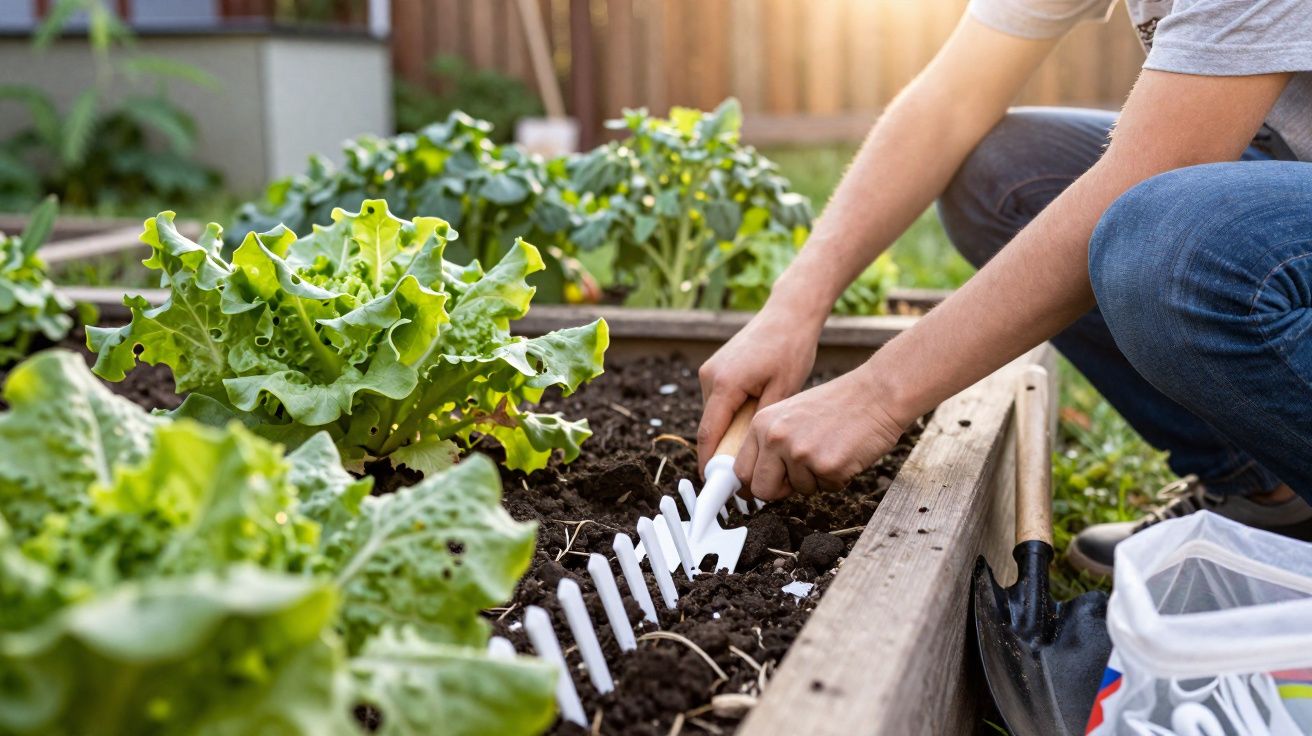 Pessoa a cultivar e arejar solo em jardim elevado com alfaces verdes ao entardecer.