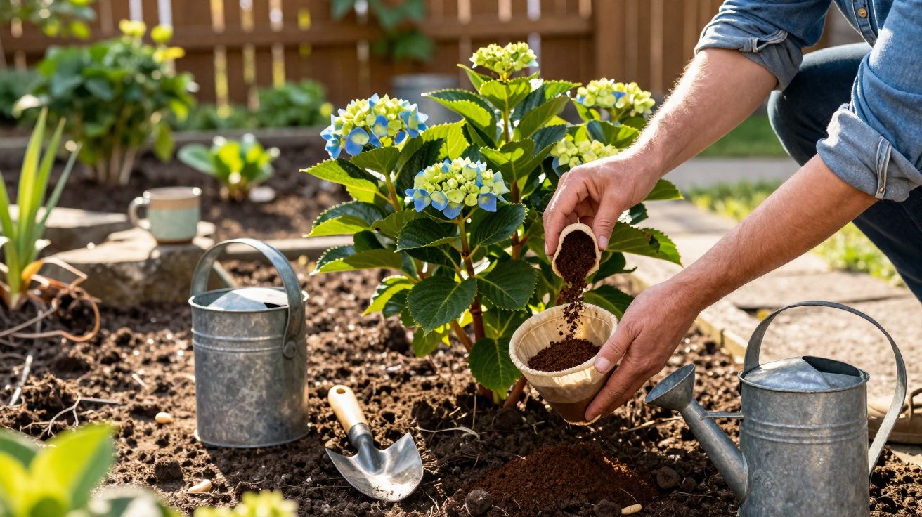 Pessoa a colocar fertilizante em planta florida num jardim com regadores e pá de metal.