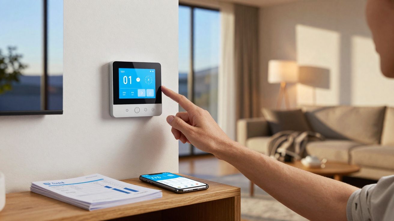 Pessoa a interagir com painel digital de controlo de temperatura numa sala moderna com smartphone e documentos numa mesa.