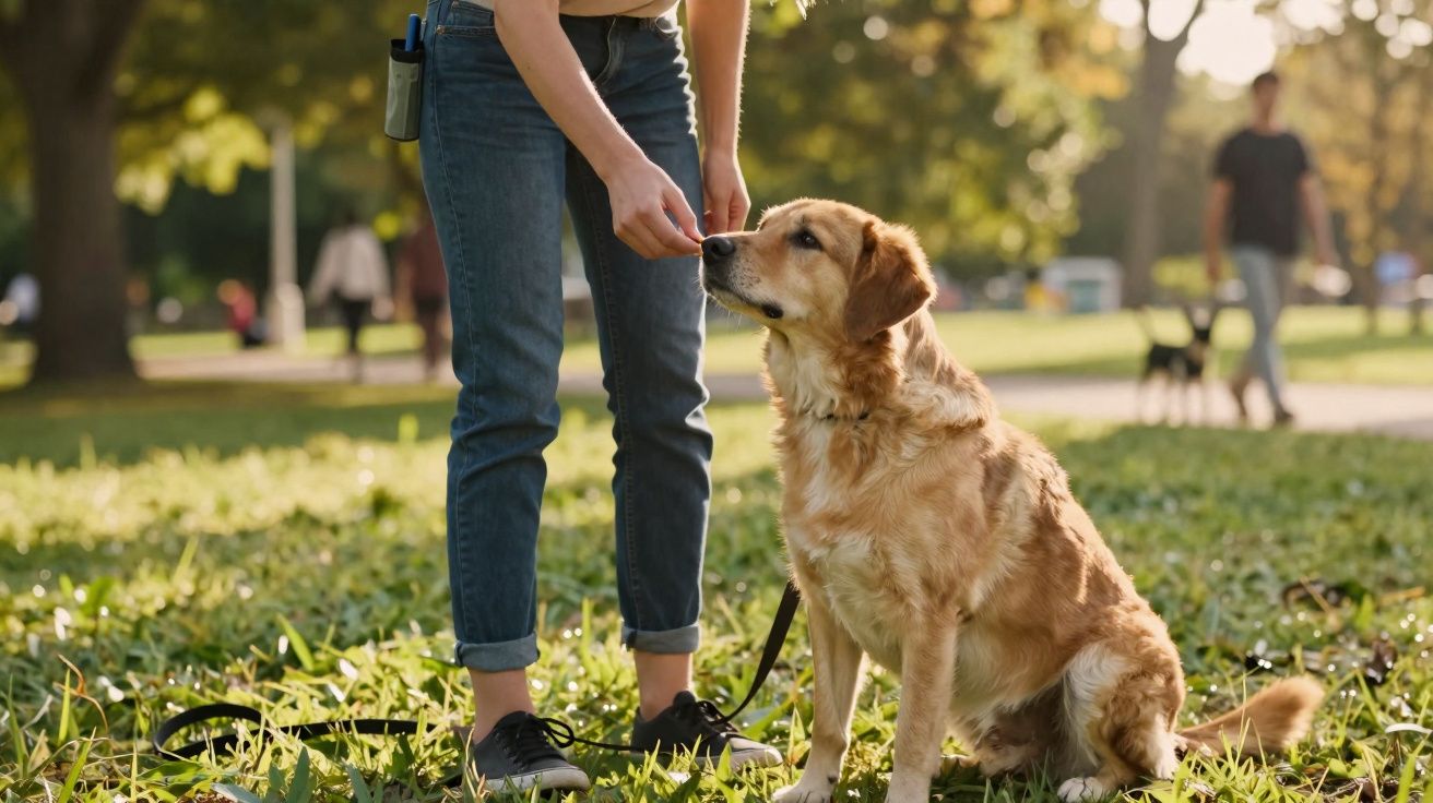 Pessoa a dar um petisco a um cão dourado sentado num parque ensolarado.