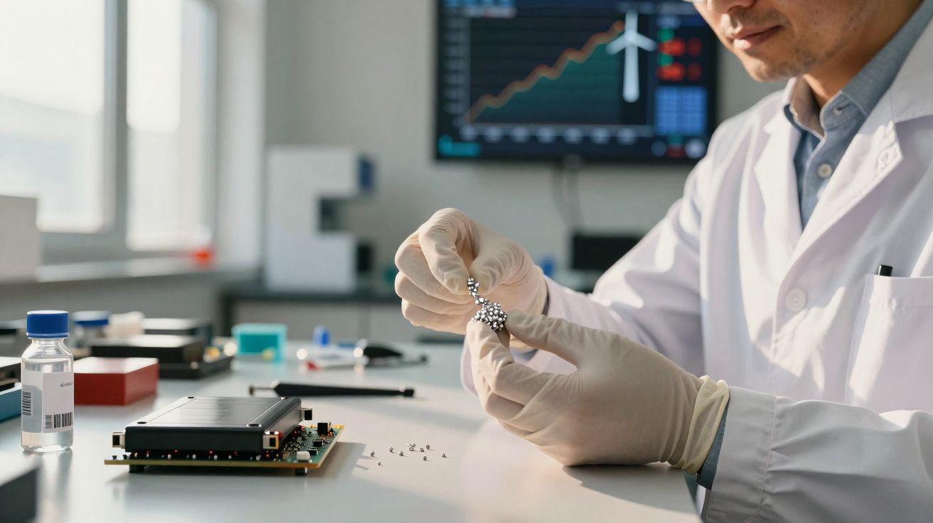 Cientista de luvas protegidas a manipular pequenos componentes magnéticos num laboratório tecnológico moderno.