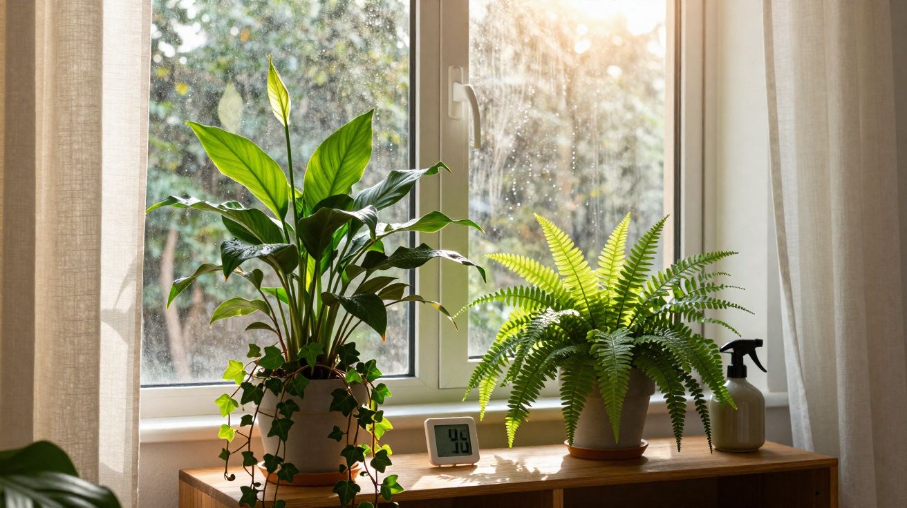 Duas plantas verdes em vasos sobre móvel junto à janela iluminada pelo sol da manhã.