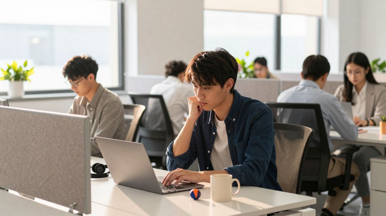 Jovem concentrado a trabalhar num portátil num escritório moderno com colegas ao fundo.