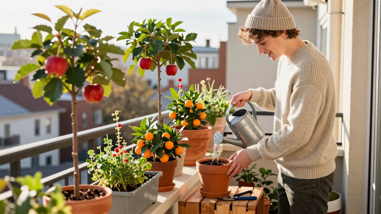 Jovem a regar plantas e árvores frutíferas num terraço urbano ensolarado.