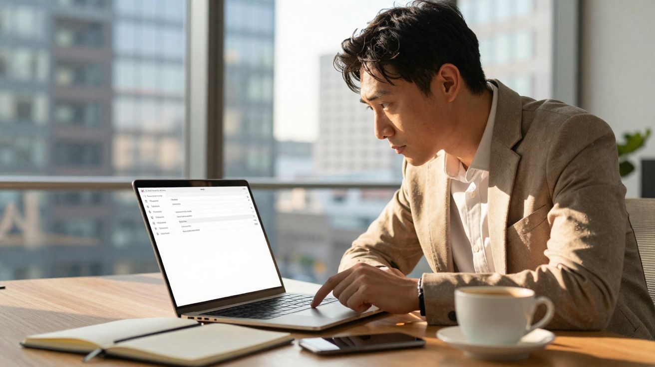 Homem de negócios a trabalhar num portátil numa mesa com caderno, telemóvel e chá, com vista urbana.