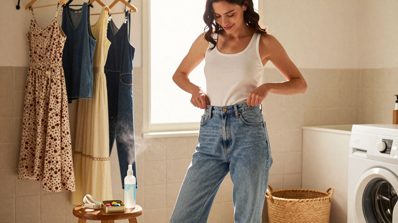 Mulher sorridente veste jeans e camisola branca numa lavandaria com vestidos pendurados e máquina de lavar.