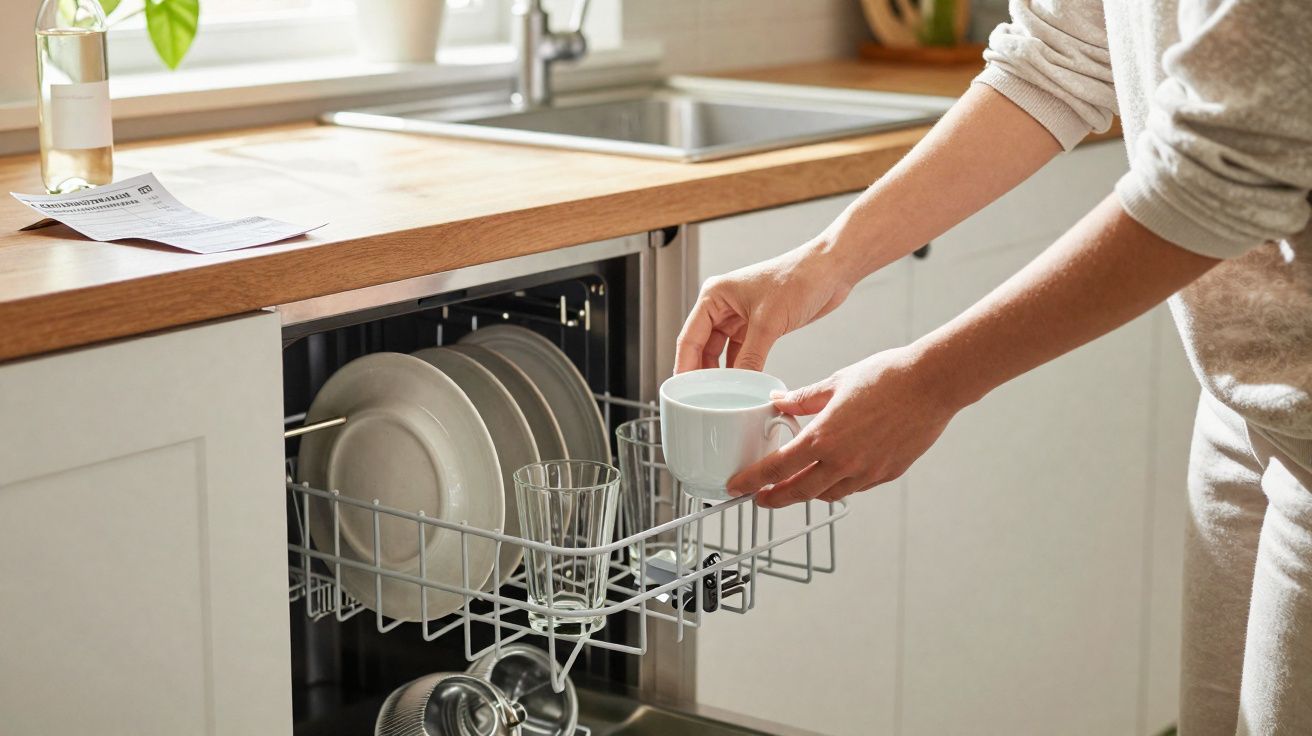 Pessoa a colocar chávena na máquina de lavar louça numa cozinha com bancada de madeira e pia.