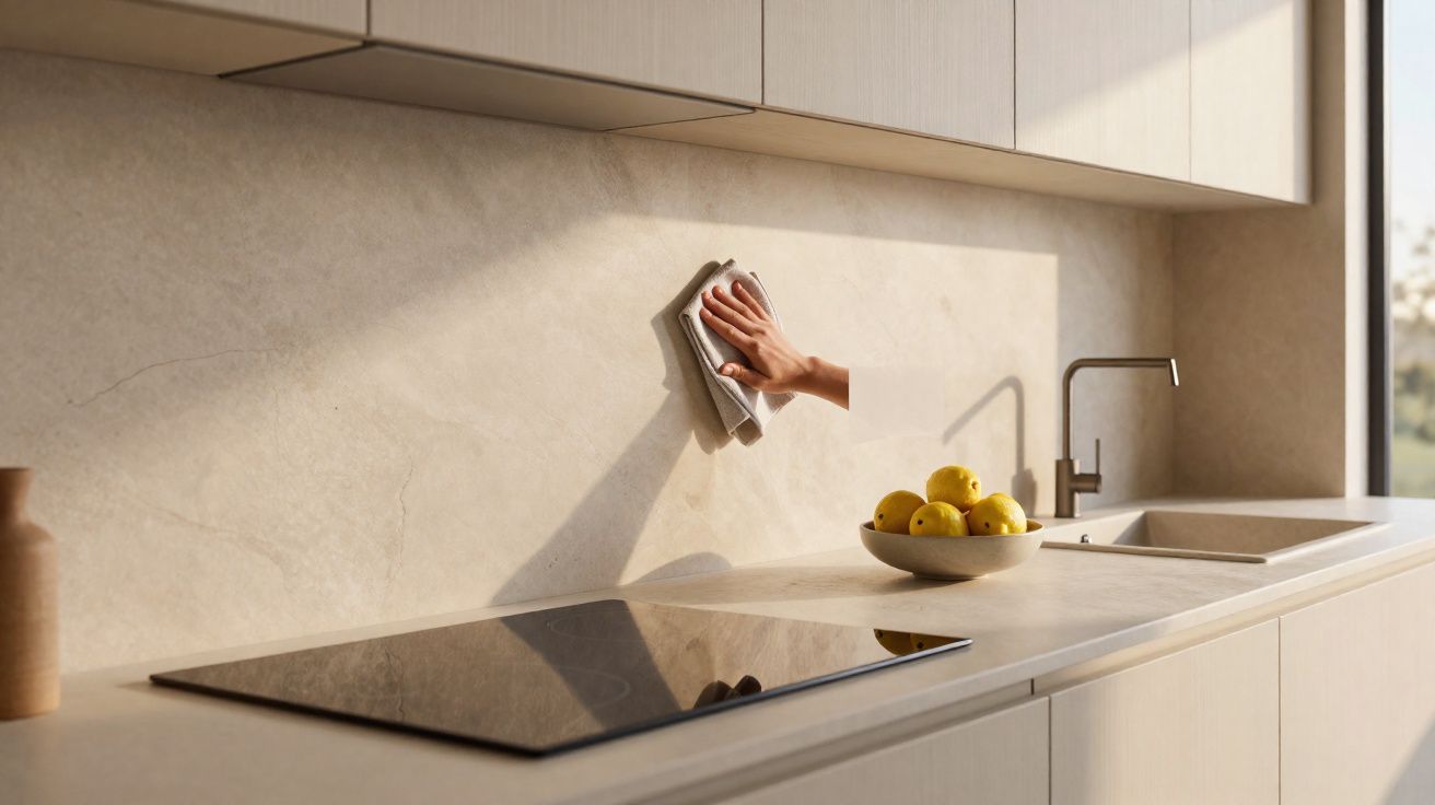 Mão a limpar parede da cozinha minimalista com pano, bancada clara, placa de indução, pia e tigela com limões.