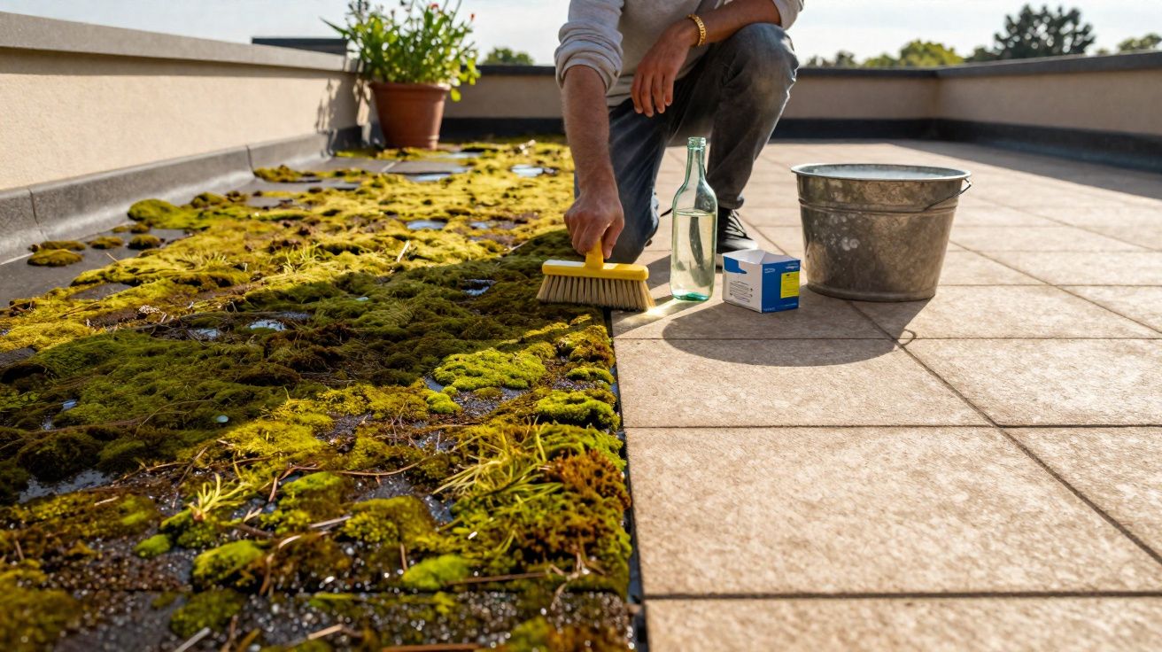 Pessoa a limpar musgo numa superfície exterior com escova, balde e produtos de limpeza ao lado.