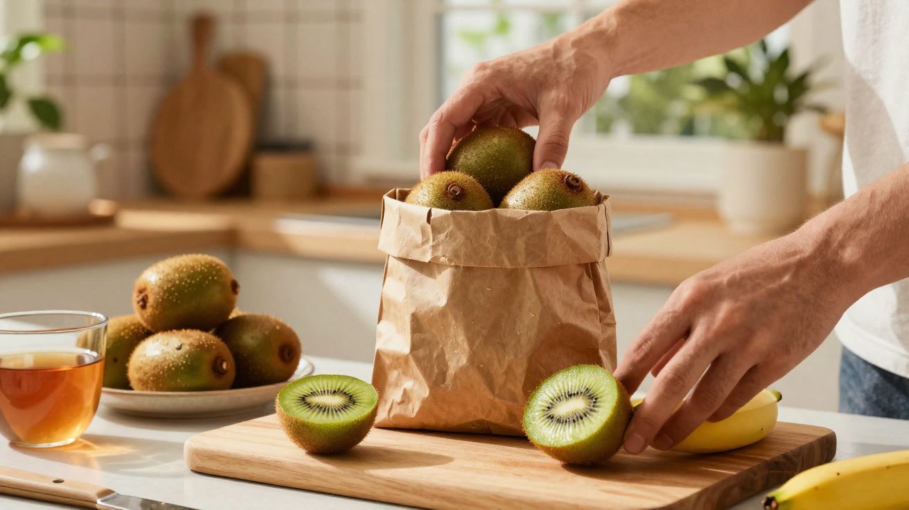 Mãos a colocar kiwis numa sacola de papel numa cozinha com kiwi cortado e chá numa mesa.