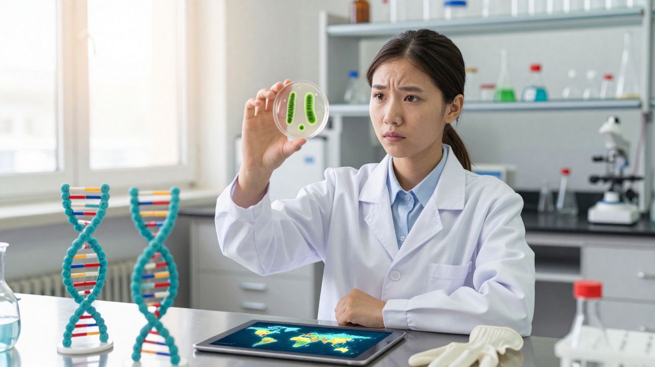 Cientista de bata branca examina placa de petri com bactérias num laboratório moderno.