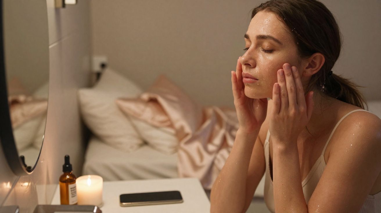 Mulher limpa o rosto com água, sentada junto a um espelho em quarto iluminado suavemente.