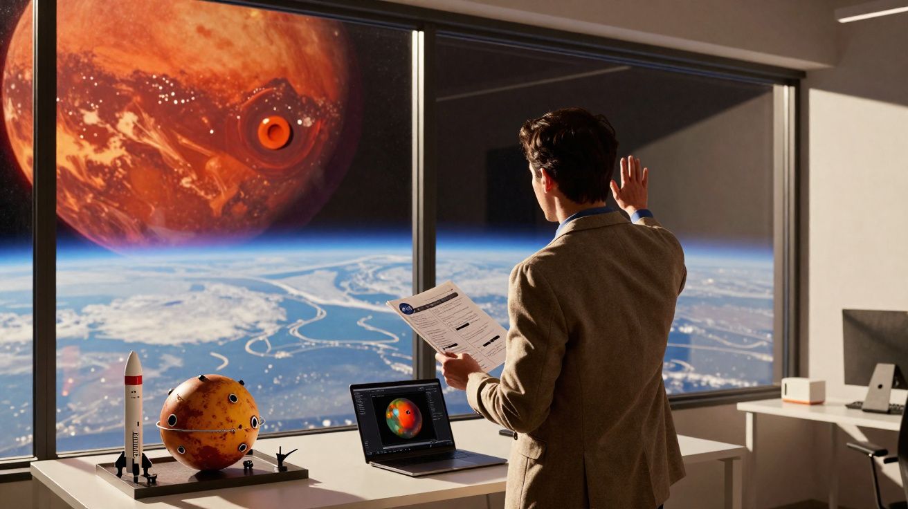 Homem de fato em escritório futurista observa planeta vermelho gigante visível pela janela grande.