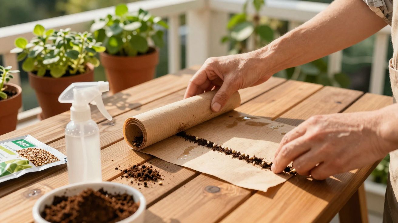 Pessoa a enrolar saco biodegradável com terra para plantar sementes numa varanda com plantas em vasos.