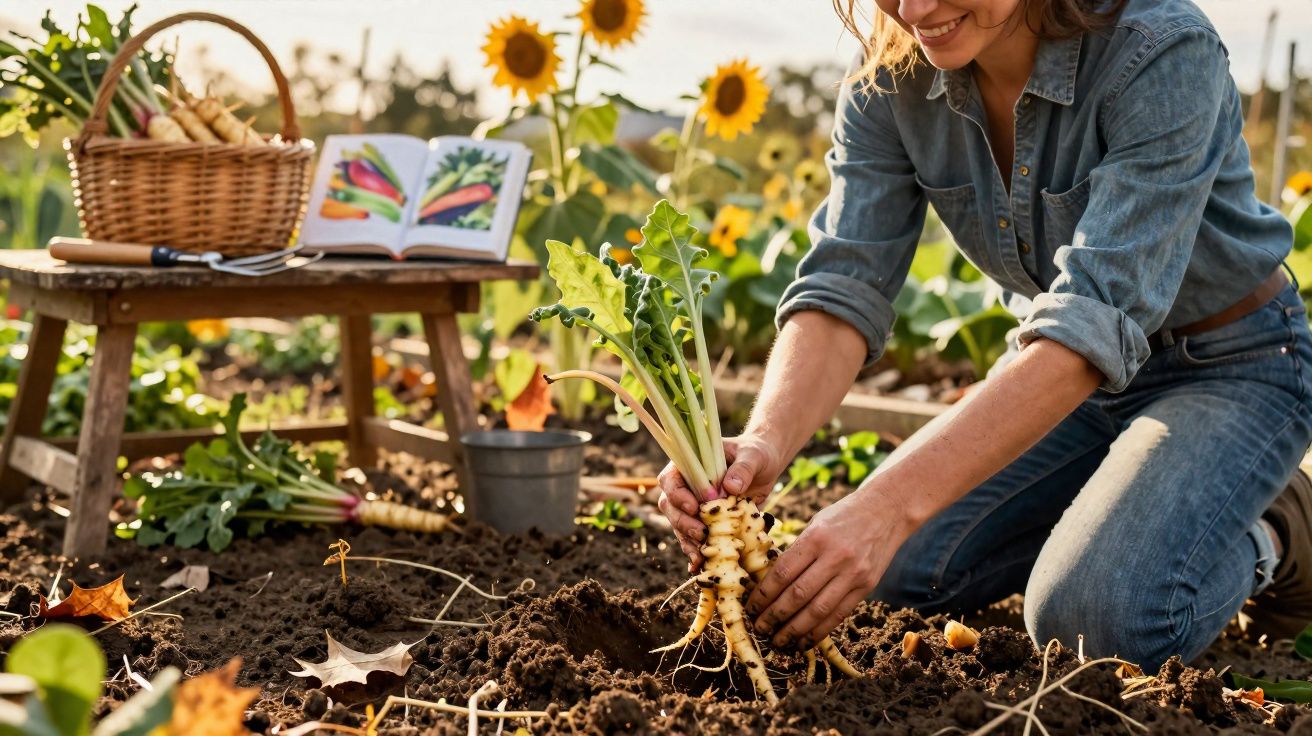Mulher a colher raízes frescas numa horta com girassóis e livro aberto num banco de madeira.
