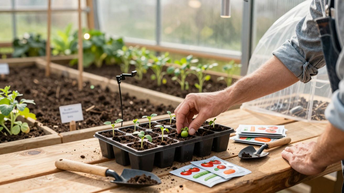 Mãos a transplantar mudas numa estufa com tabuleiro, pacotes de sementes e ferramentas de jardinagem numa mesa de madeira.