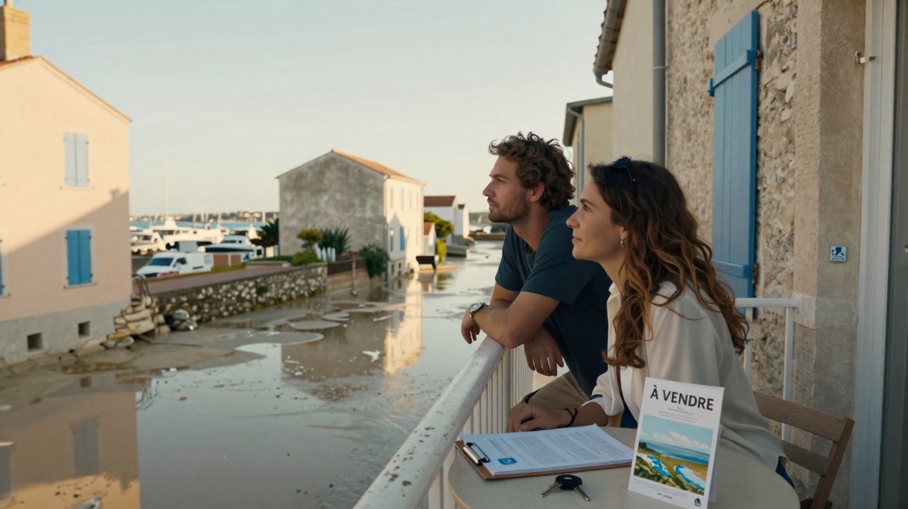 Casal observa canal entre casas numa varanda, com placa “À vendre” indicando imóvel à venda.