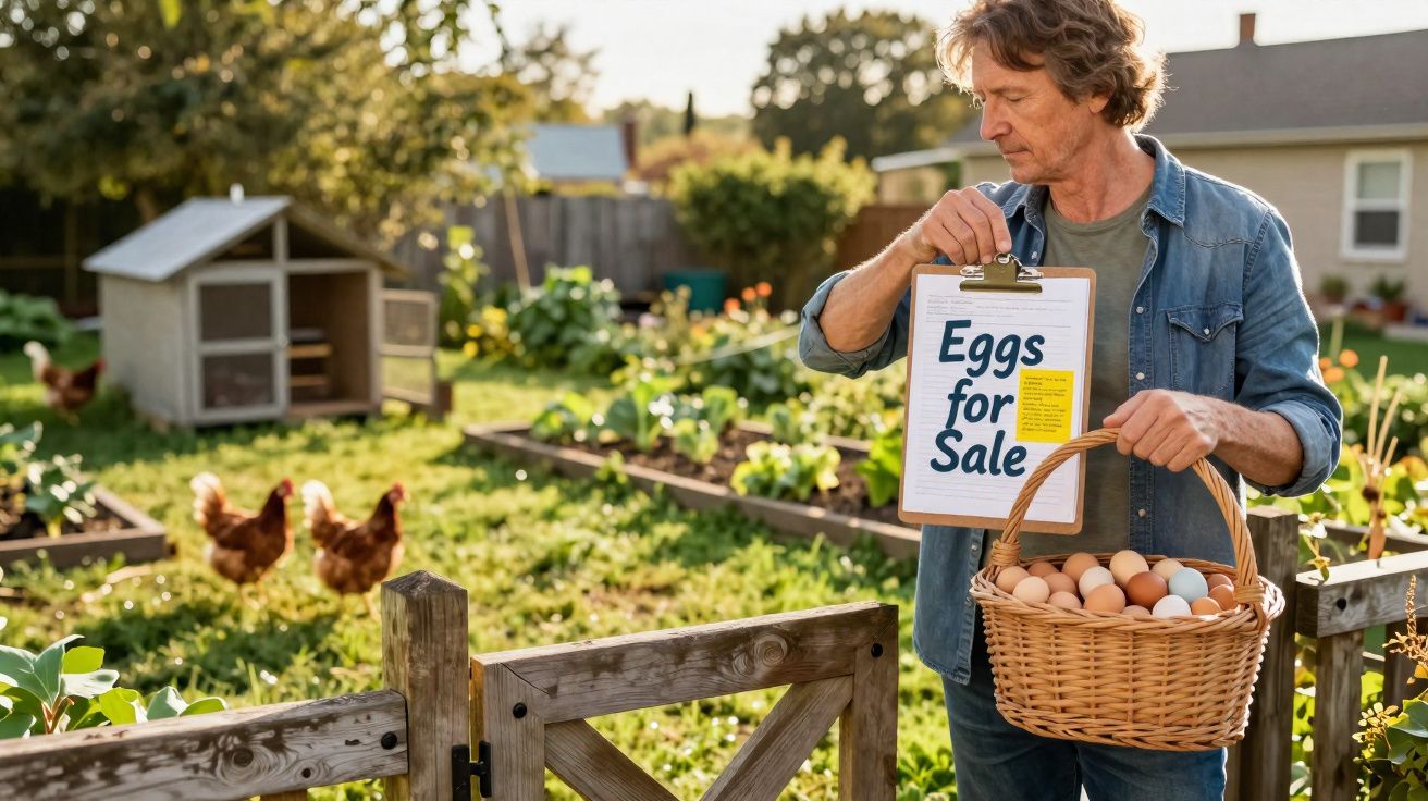 Homem com cesta de ovos e placa "Eggs for Sale" num jardim com galinhas e plantas.