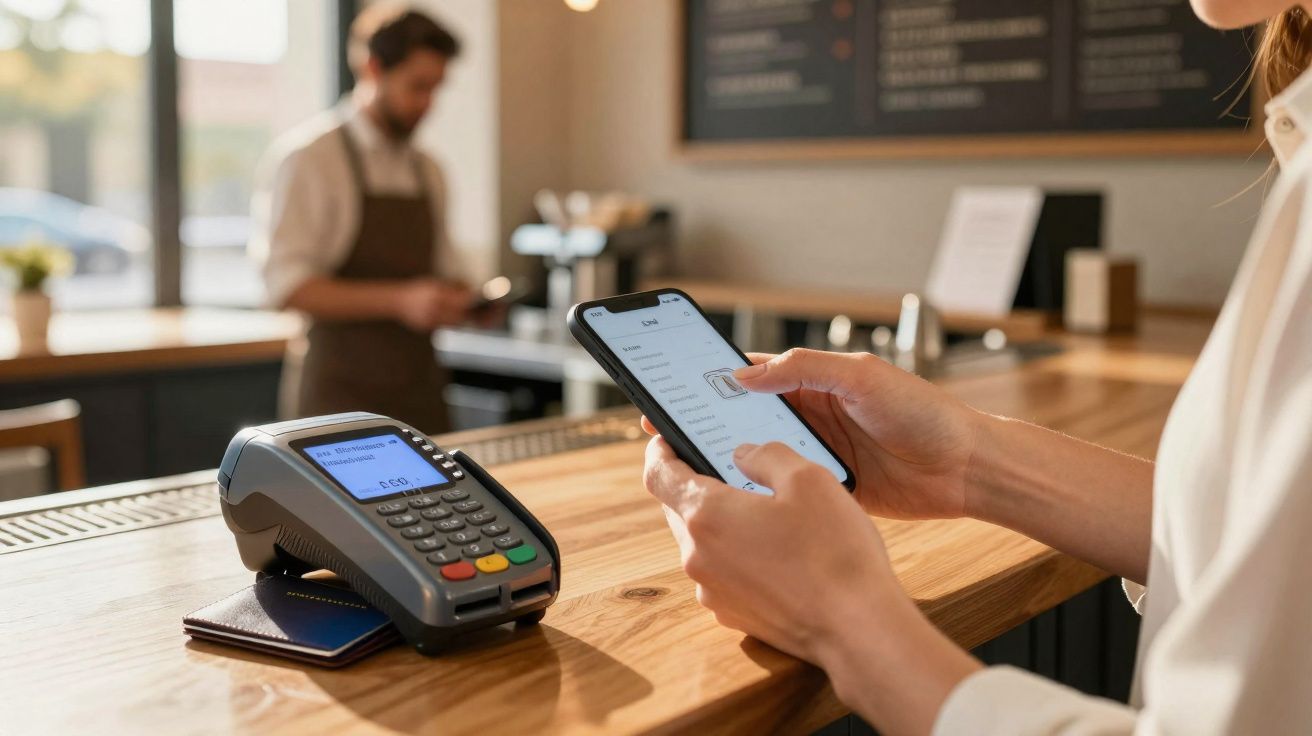 Pessoa a fazer pagamento contactless com telemóvel num terminal de pagamento numa cafetaria.